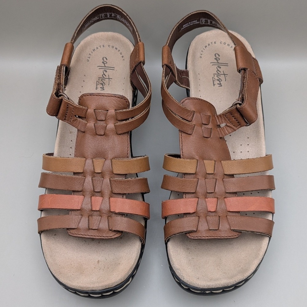 Clarks Lexi Bridge Leather Wedge Sandals Multi Tan Coral Comfort EVA Size 10 M